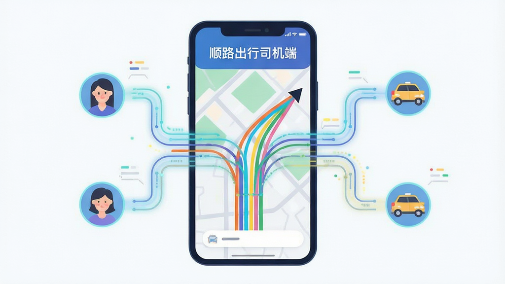 一张展示顺路出行司机端智能匹配功能的示意图,画面中央为手机屏幕显示地图上多条彩色路线汇聚向同一方向,旁边有发光的数据流连接乘客头像与车辆图标,风格为扁平化科技插画,布局居中,细节清晰,画质干净,无多余元素,图片中文字为“顺路出行司机端”