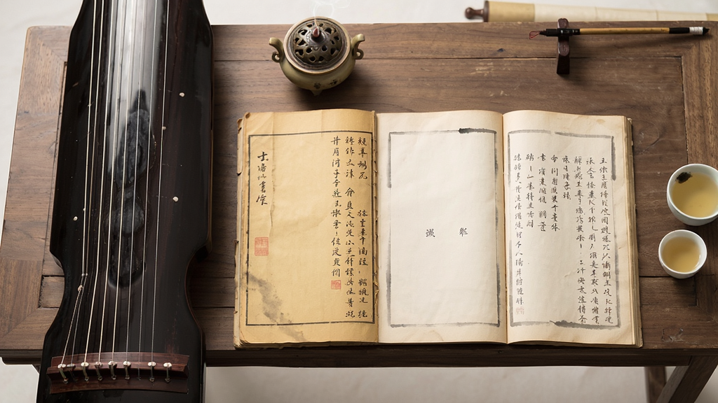 画面主体为一本展开的泛黄古籍与一张古琴并排摆放,布局采用对称构图,左侧古琴琴弦清晰可见,右侧书页上隐约有文字,排版居中留白,风格为中国传统水墨淡彩,细节包含琴桌上的香炉与茶杯,画质高清,干净,无多余元素