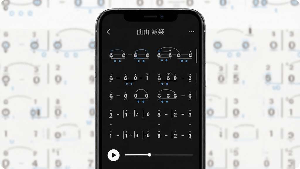画面主体为手机屏幕显示古琴减字谱与简谱对照界面,布局为竖屏展示,排版上方为曲名下方为滚动的琴谱,风格为现代简约UI设计,细节包含播放按钮与进度条,画质清晰,干净,无多余元素