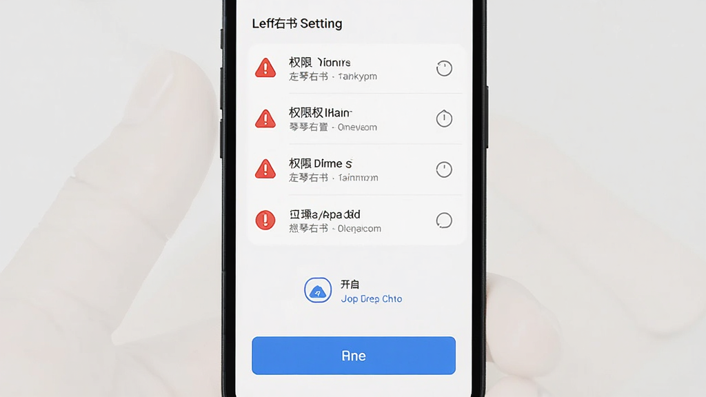画面主体为手机屏幕显示左琴右书安装权限设置界面,布局为竖屏,排版上方为权限列表下方为开启按钮,风格为扁平化UI,细节包含红色警示图标与蓝色确认按钮,画质清晰,干净,无多余元素