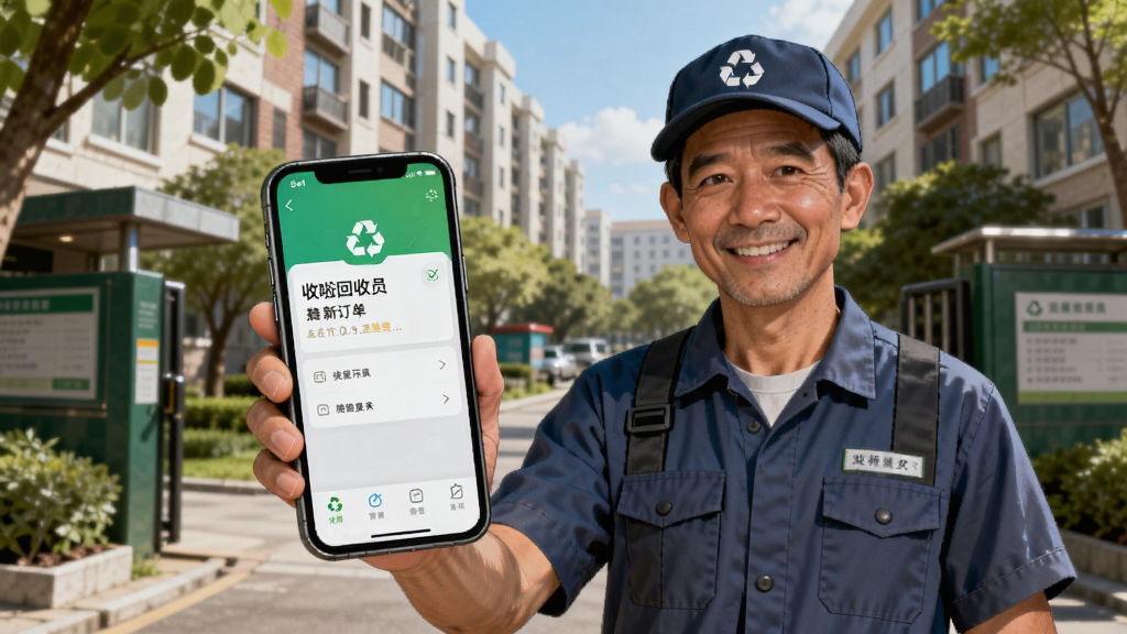 画面主体是一位身穿工装的回收员手持手机站在居民小区门口,手机屏幕弹出“收啦回收员”新订单通知,背景为城市社区楼栋与绿植,布局为竖版构图,风格为写实插画,细节包括回收员微笑表情、手机界面清晰可见、阳光明媚的光线,画质细腻,干净,无多余元素