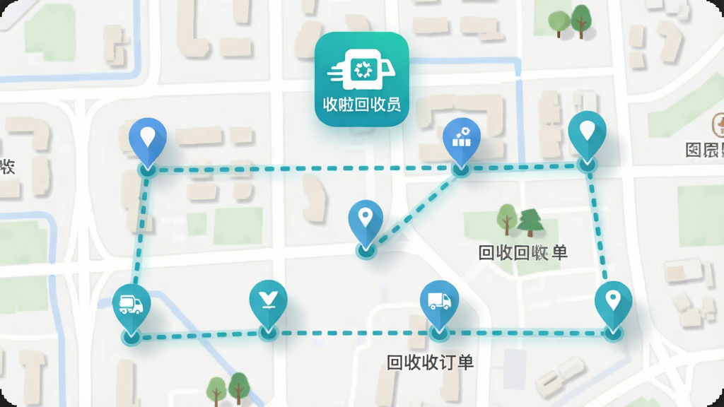 画面展示一张城市地图俯视图,地图上标注多个回收订单点位,点位之间用虚线连接形成最优路线,地图上方悬浮“收啦回收员”应用图标,布局为横向宽幅,风格为简约信息图,细节包括蓝绿色路线、定位气泡、小区名称标签、柔和阴影,画质清晰,干净,无多余元素