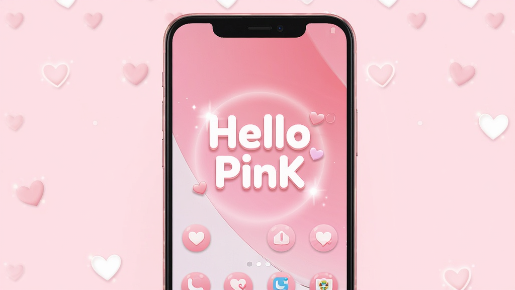 �ֻ���Ļ����չʾ��ɫ�������棬����������Ϊ��Hello PinK��������������һ����׿�ֻ�������Ϊ���Ĺ�ͼ���Ű�ɾ����࣬���Ϊ���¿ɰ���ɫϵ��ϸ�ڰ�����ɫ�����ֽ��Բ��ͼ�ꡢ��͹��Ρ�С����װ�Σ����ʸ��壬�ɾ����޶���Ԫ��