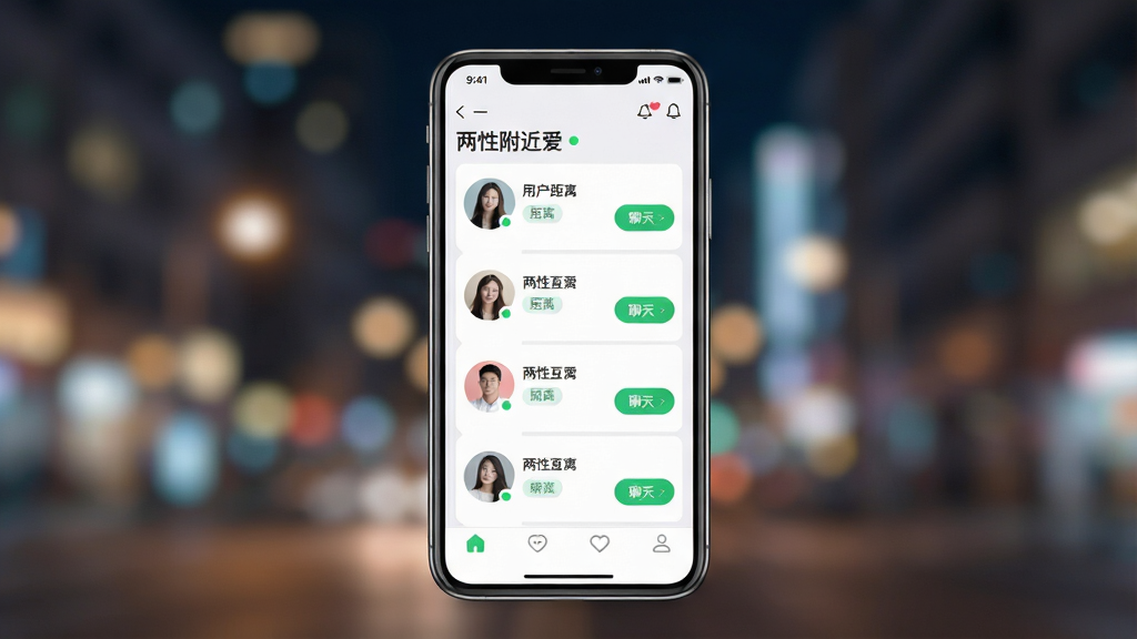 一张手机屏幕展示同城社交应用界面的效果图,画面中央是一部竖屏智能手机,屏幕内显示“两性附近爱”应用主界面,包含附近用户头像列表、距离标签和聊天按钮,背景为柔和的城市夜景虚化效果,整体布局居中对称,风格现代清新,细节包括圆形头像、绿色在线状态点、底部导航栏图标,画质高清,干净,无多余元素