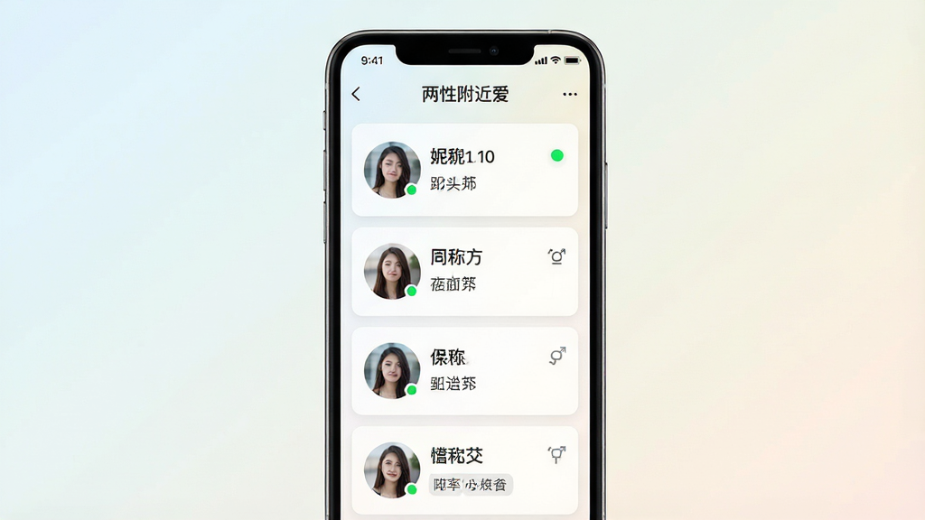 一张展示同城交友应用附近的人列表界面的效果图,画面主体为手机屏幕,屏幕内呈现“两性附近爱”附近用户列表,每个卡片包含圆形头像、昵称、距离数字和一句个性签名,背景为浅色渐变,布局为垂直列表,风格简约明亮,细节包括在线绿点、性别图标和距离标签,画质高清,干净,无多余元素