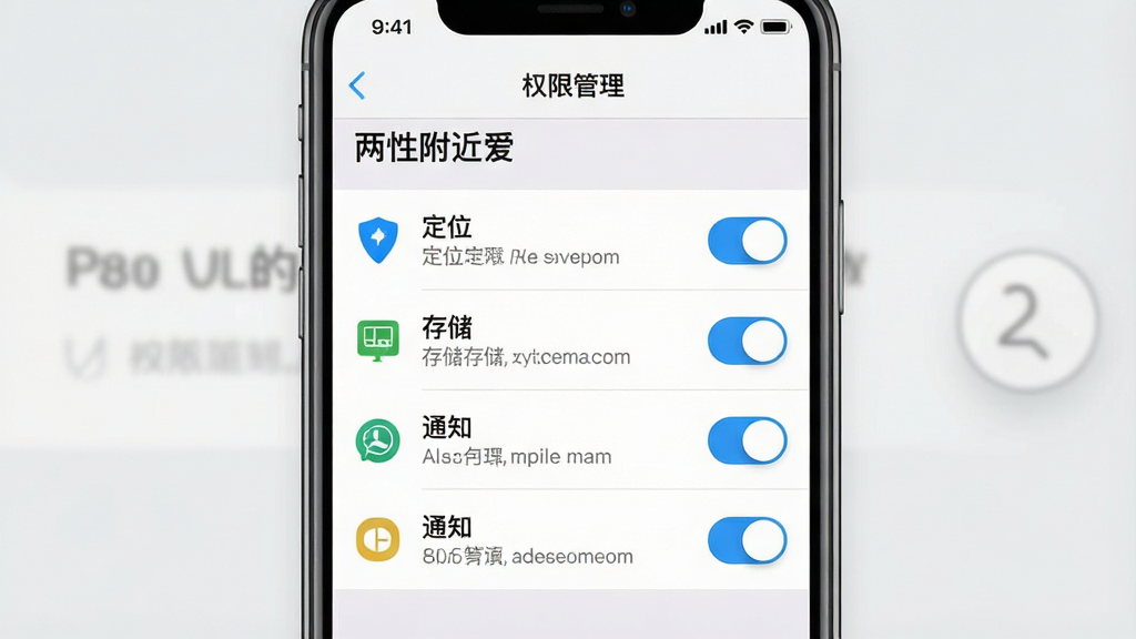 一张展示手机社交应用权限设置界面的效果图,画面主体为手机屏幕,屏幕内显示“两性附近爱”的权限管理页面,包含定位、存储、通知三个权限开关,背景为浅灰色系统设置界面,布局为垂直列表,风格简洁清晰,细节包括权限图标、开关按钮和说明文字,画质高清,干净,无多余元素