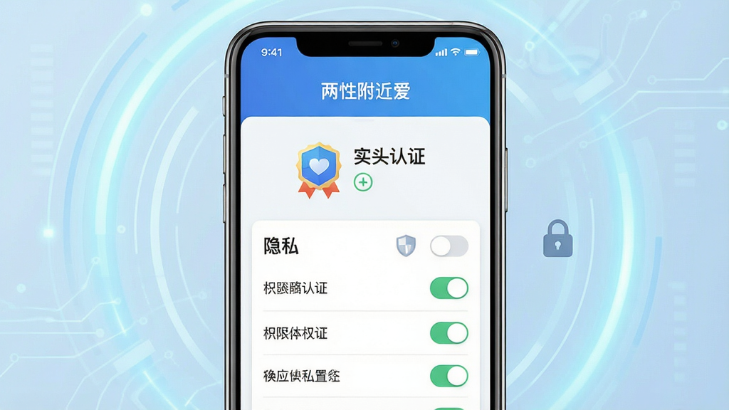 一张展示社交应用安全认证与隐私设置界面的效果图,画面中央为手机屏幕,屏幕内显示“两性附近爱”的实名认证页面和隐私开关选项,包含认证徽章、盾牌图标和权限开关,背景为淡蓝色科技感光晕,布局为上下结构,风格专业可信,细节包括认证标识、隐私锁图标和设置列表,画质高清,干净,无多余元素