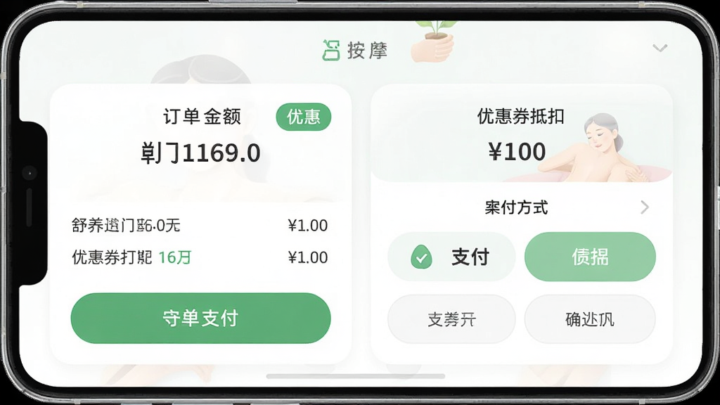 舒养上门按摩应用支付页面截图,显示订单金额、优惠券抵扣、支付方式选项,布局为卡片式排版,风格为清新柔和圆角风,细节包括绿色支付按钮、优惠标签、价格明细,画质高清,干净,无多余元素