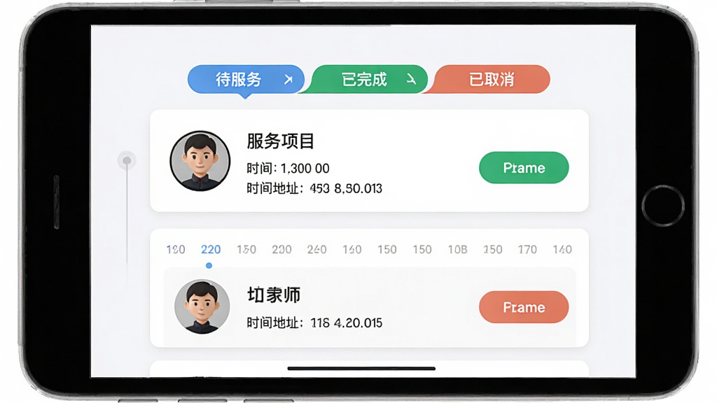 舒养上门按摩应用订单管理界面截图,显示待服务、已完成、已取消等状态标签,订单卡片包含技师头像、服务项目、时间地址信息,布局为列表式排版,风格为清爽浅色商务风,细节包括状态颜色区分、操作按钮、时间轴标识,画质高清,干净,无多余元素