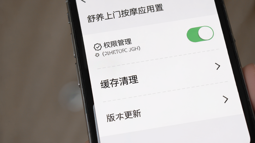 手机屏幕展示舒养上门按摩应用设置界面,包含权限管理、缓存清理、版本更新选项,布局为纵向列表排版,风格为素雅极简风,细节包括开关按钮、箭头图标、灰色分隔线,画质高清,干净,无多余元素
