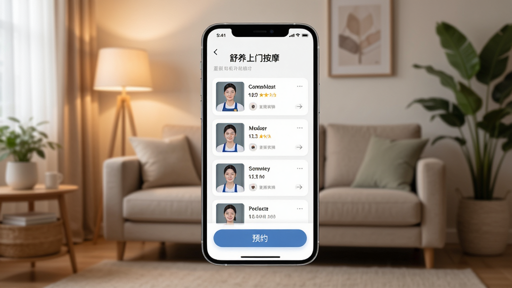 画面主体为一部智能手机,屏幕显示舒养上门按摩应用主界面,界面中有技师列表和预约按钮,背景是温馨的家庭客厅环境,布局为手机居中展示,排版简洁清晰,风格为现代科技感与温馨生活风结合,细节包括柔和的灯光、舒适的沙发、绿植点缀,画质高清,干净,无多余元素