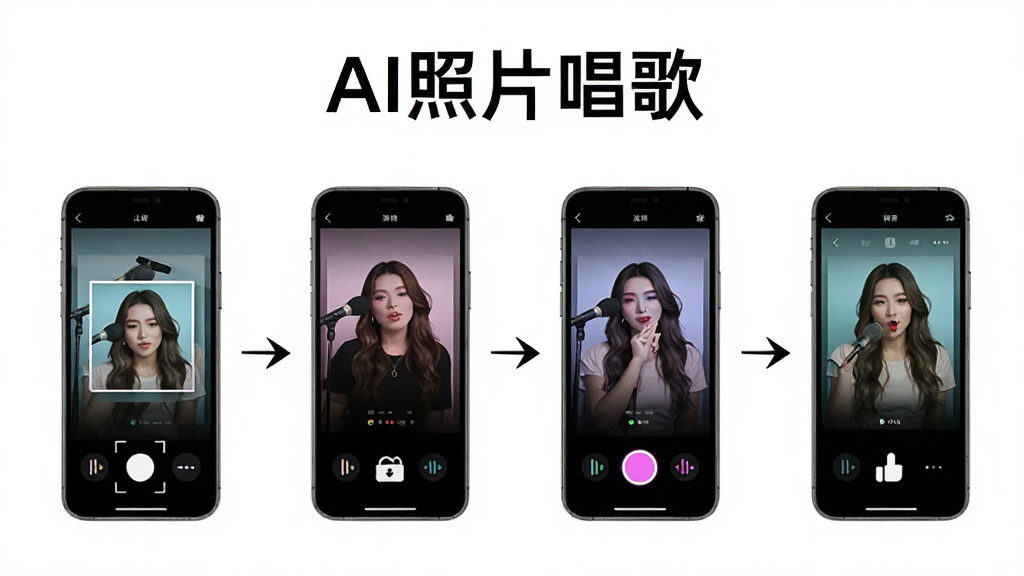 一张AI照片唱歌软件操作步骤示意图,画面从左到右依次展示上传照片、选择歌曲、点击生成、保存分享四个步骤,每个步骤配有手机界面小图和箭头连接,顶部有AI照片唱歌文字标题,背景为白色简洁风格,排版横向排列,高清画质,干净整洁,无多余元素