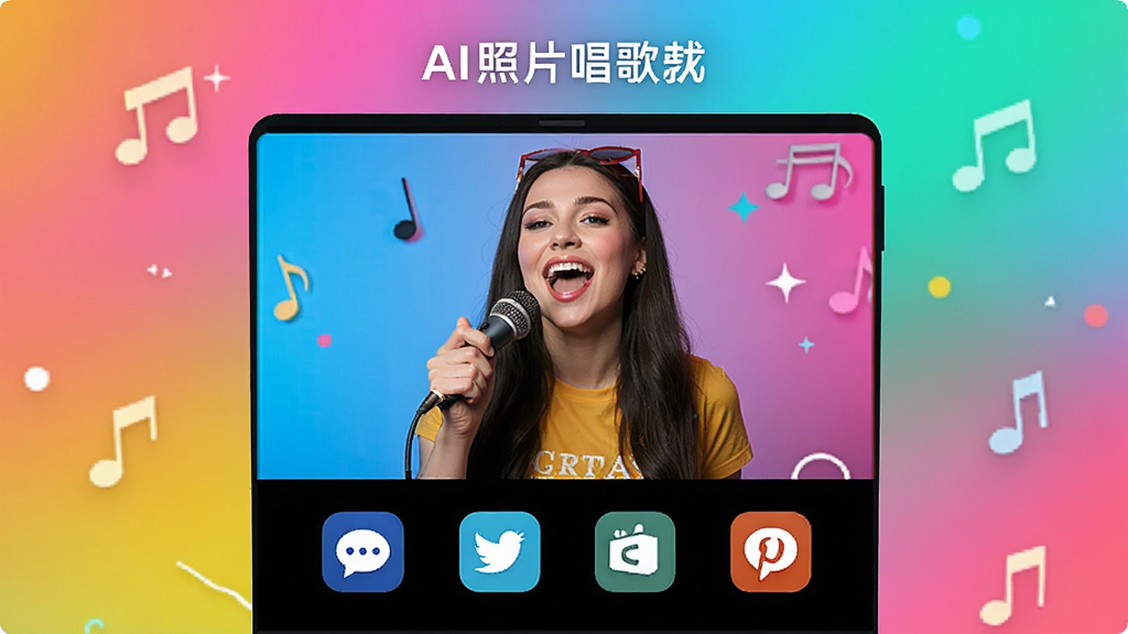 一张展示AI照片唱歌软件生成视频后分享界面的图片,画面中央是一个完成的唱歌视频预览窗口,下方排列着多个社交平台分享图标,顶部有AI照片唱歌软件名称,背景为明亮渐变色,风格活泼现代,排版清晰,高清画质,无多余元素