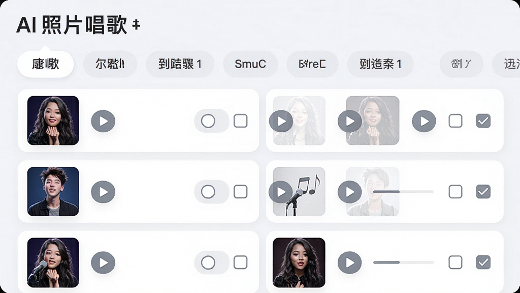 一张AI照片唱歌软件曲库界面截图,画面展示多个歌曲分类标签和歌曲列表,每首歌曲旁有播放按钮和选择框,界面顶部有AI照片唱歌文字标识,背景为浅色卡片式设计,风格清新简洁,排版整齐,高清画质,无多余元素