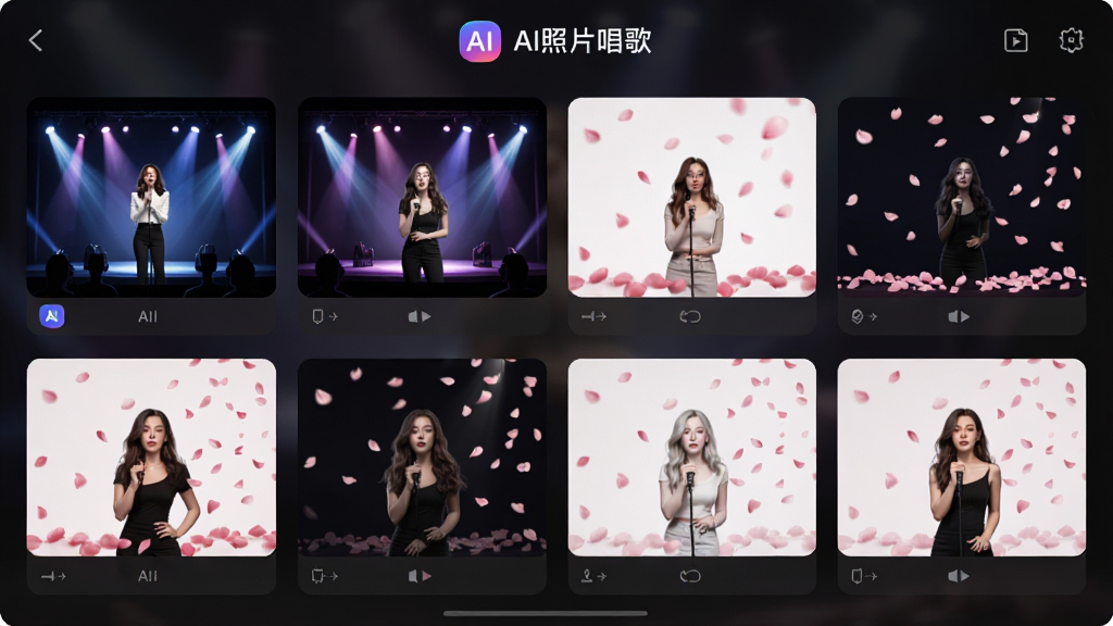 一张AI照片唱歌软件特效模板选择界面图,画面展示多个视频模板缩略图,每个模板展示不同风格特效如舞台灯光和花瓣飘落,界面顶部有AI照片唱歌标识,背景为深色半透明风格,排版采用网格布局,高清画质,干净整洁,无多余元素