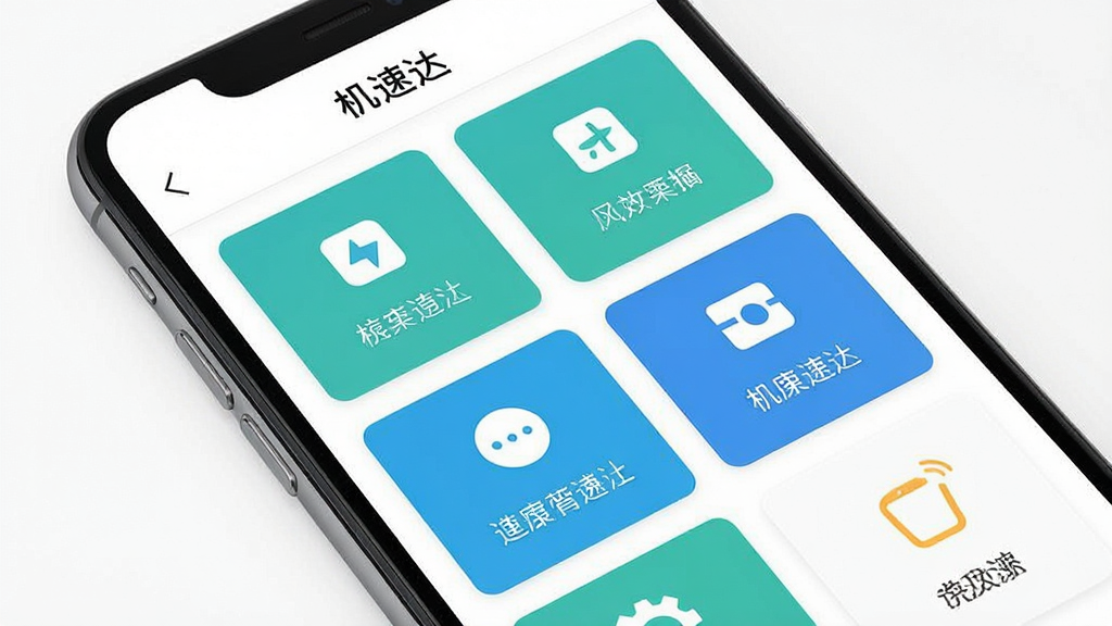 一张手机应用界面展示图,画面中手机屏幕显示“机速达”应用的功能列表页面,页面中有多个功能卡片图标,布局整齐,背景为白色,风格为清新简约风,细节清晰,画质干净,无多余元素