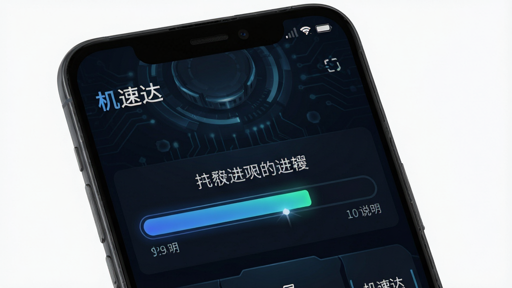 一部安卓手机屏幕截图,屏幕上显示“机速达”应用的进度条界面,进度条上方有文字说明,背景为深色,风格为科技感UI风,细节清晰,画质干净,无多余元素