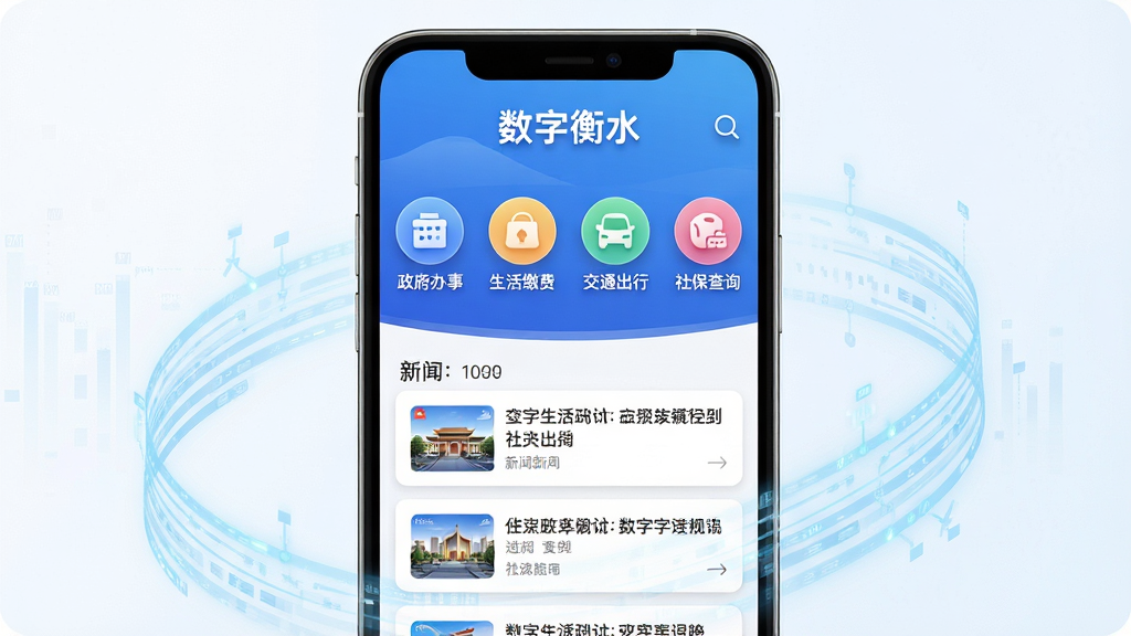 手机屏幕中央展示“数字衡水”应用主界面,上方为蓝色渐变政务风格顶部栏,中间排列政务办事、生活缴费、交通出行、社保查询四个圆形功能图标,下方为新闻资讯卡片列表,手机两侧有淡蓝色数据流线条环绕,整体布局居中对称,风格简洁现代科技感,细节包含图标阴影和圆角卡片,画质清晰明亮,干净无多余元素