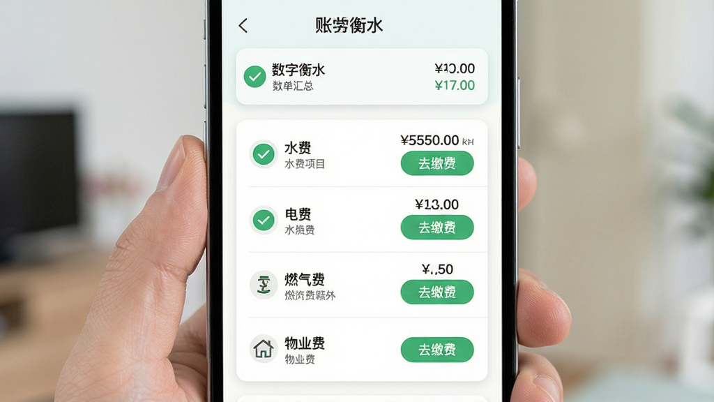 画面展示“数字衡水”生活缴费页面,手机屏幕中央有缴费项目列表,包括水费、电费、燃气费、物业费,每项右侧显示金额和“去缴费”按钮,背景为白色卡片式布局,顶部有账单汇总栏,风格清新浅色,细节包含绿色对勾图标和圆角按钮,画质清晰,干净无多余装饰