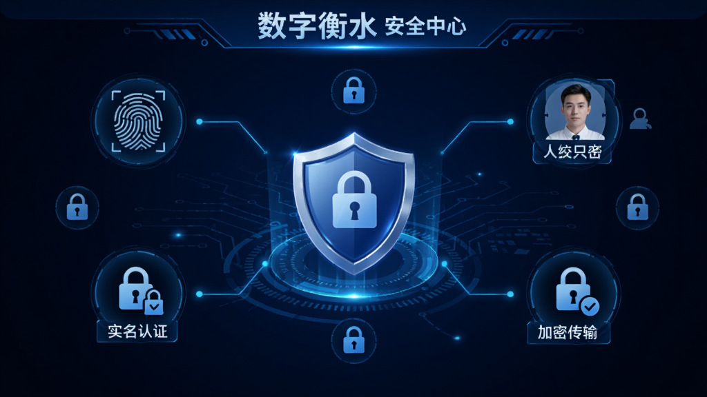 画面为“数字衡水”安全中心界面,中央有盾牌图标,周围环绕指纹识别、人脸识别、加密传输、实名认证四个功能标签,背景为深蓝色科技风格,布局中心对称,细节包含发光线条和锁形图标,画质高清,干净无多余元素