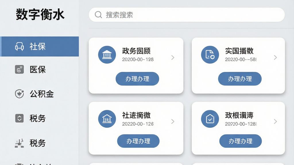 画面中央是“数字衡水”应用内的政务办事大厅界面,左侧为分类导航栏包含社保、医保、公积金、税务等标签,右侧为办事卡片列表,每张卡片带有图标和办理按钮,背景为浅灰色政务风格,顶部有搜索框,整体布局左右分栏,风格专业简洁,细节包含卡片圆角和轻微投影,画质高清,干净无杂乱元素