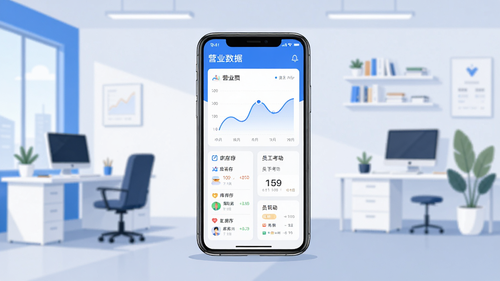 老板管理日进斗金软件主界面展示,画面中央放置一部智能手机,屏幕显示店铺经营数据看板,包含营业额曲线、库存列表和员工考勤模块,背景为现代简约办公室环境,采用扁平化插画风格,色彩以蓝白为主色调,细节丰富,画质清晰,干净无多余元素