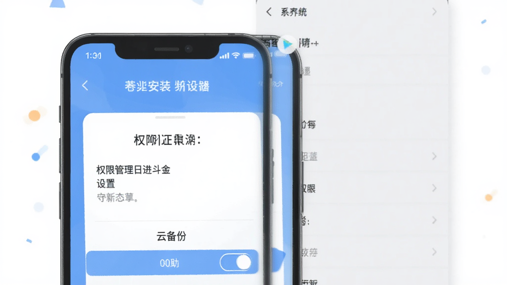 老板管理日进斗金新手安装设置界面,画面展示手机屏幕上的权限设置页面和云备份开关,背景为手机系统设置菜单,采用扁平化插画风格,色彩清新,细节清晰,画质干净无多余元素