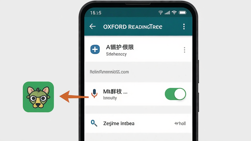 牛津阅读Tree安卓手机安装与权限设置示意图,画面中央为手机屏幕,屏幕内显示系统设置中的应用权限管理页面,麦克风权限开关为绿色开启状态,旁边有箭头指向牛津阅读Tree图标,背景为浅灰色,布局为上下结构,风格扁平化说明图,细节包括权限图标与文字标签,画质清晰,干净,无多余元素