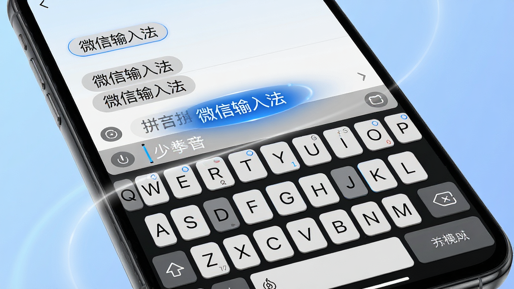 一张展现微信输入法智能拼音输入功能的图片,主体为手机屏幕上的输入法键盘,键盘上方显示候选词列表,其中有“微信输入法”字样,布局为手机正面视角,背景为柔和的蓝色渐变,风格为科技感UI展示,细节包括候选词的动态高亮效果、键盘按键的立体感、输入框中的光标闪烁,画质为高清,干净无多余元素