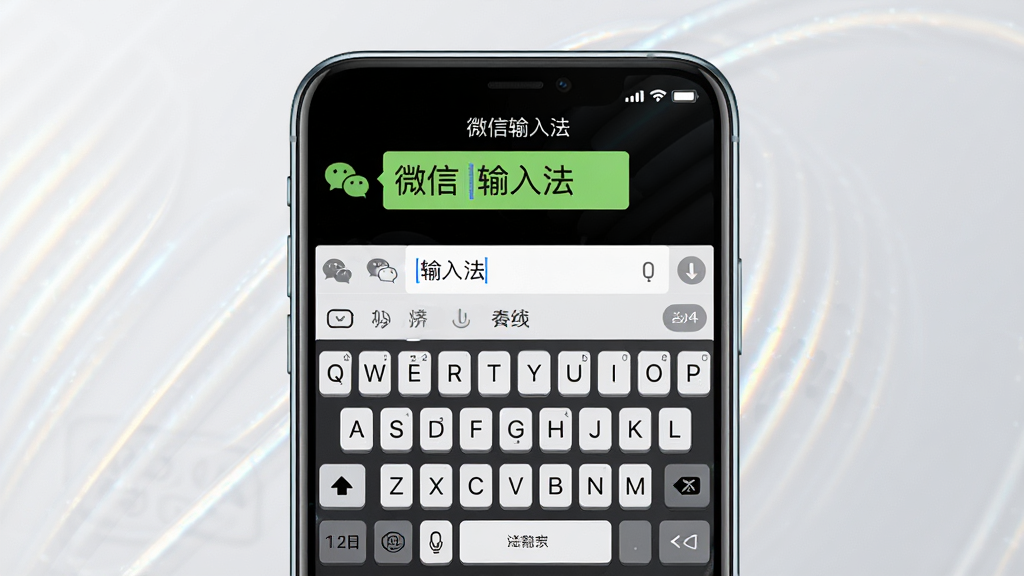 一张展现微信输入法核心全貌的图片,主体为一部智能手机屏幕特写,屏幕上显示微信输入法的键盘界面,键盘上方有微信聊天气泡和输入候选词,布局为手机居中放置,背景为简洁的浅灰色渐变,风格为现代科技产品展示风,细节包括键盘按键的圆角设计、候选词栏的清晰文字、屏幕边缘的微光反射,画质为4K超高清,干净无多余元素,图片中文字为“微信输入法”