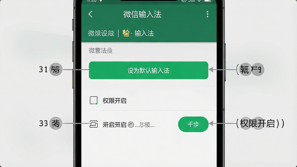 一张展现微信输入法安装设置步骤的图片,主体为手机屏幕截图,显示输入法设置界面,包括“设为默认输入法”按钮和权限开启选项,布局为手机屏幕居中,背景为浅灰色,风格为教程说明图,细节包括清晰的界面文字、按钮的高亮状态、步骤序号标注,画质为高清,干净无多余元素,图片中文字为“微信输入法”