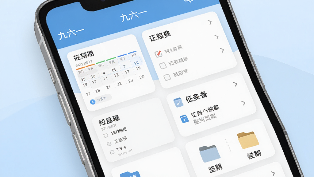 一张以“九六一”软件为主题的手机应用界面展示图,画面中央是一部现代智能手机,屏幕上显示九六一软件的主页,包含日程卡片、任务列表和文件图标,布局整洁有序,背景为浅蓝色渐变,风格简约商务,细节清晰,画质高清,干净无多余元素