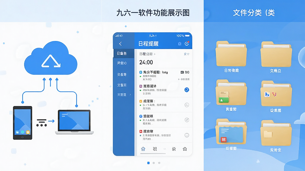 九六一软件功能展示图,画面分为三个区域,左侧显示云端同步图标与设备连接示意,中间展示日程提醒界面,右侧展示文件分类文件夹,整体采用扁平化设计风格,配色以蓝白为主,布局清晰,细节精致,画质高清,干净无多余元素