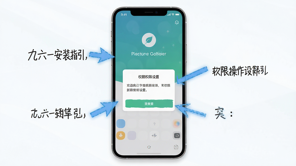 九六一软件新手操作指引图,画面展示一部手机屏幕,屏幕上显示安装完成后的欢迎界面与权限设置弹窗,旁边配有箭头标注操作步骤,风格简洁明了,配色清新,细节清晰,画质高清,干净无多余元素