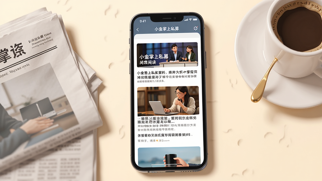 一幅AI生成的插图,画面中一部手机屏幕显示小金掌上私募的资讯阅读页面,文章标题和配图排列整齐,旁边有报纸和咖啡杯,背景为温暖的米白色,风格商务休闲,画质清晰,无多余元素