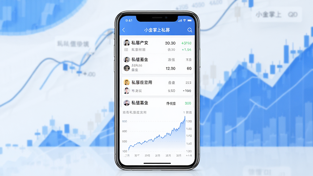 一张展示小金掌上私募应用主界面的手机截图,画面中央是一部智能手机,屏幕显示私募基金产品列表和净值走势图,背景为简洁的金融风格,蓝色与白色为主色调,整体干净清晰,画质高清,无多余元素