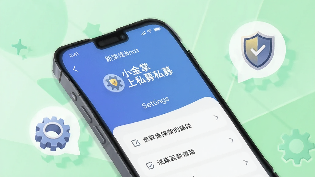 一幅AI生成的插图,画面中一部手机屏幕显示小金掌上私募的设置页面,旁边有齿轮和盾牌图标,背景为浅绿色清新风格,画质清晰,无多余元素