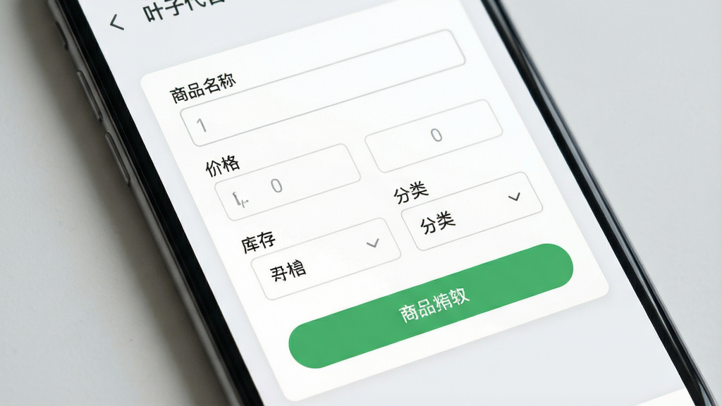 一张展示叶子代售软件商品上架操作界面的特写图,画面主体为手机屏幕,屏幕中央显示商品信息填写表单,表单字段包括商品名称输入框、价格输入框、库存数量输入框以及分类选择下拉菜单,界面采用卡片式布局,按钮为绿色圆角矩形,背景为白色卡片与浅灰底色,整体风格清爽干净,文字标注清晰,画质细腻,无多余装饰