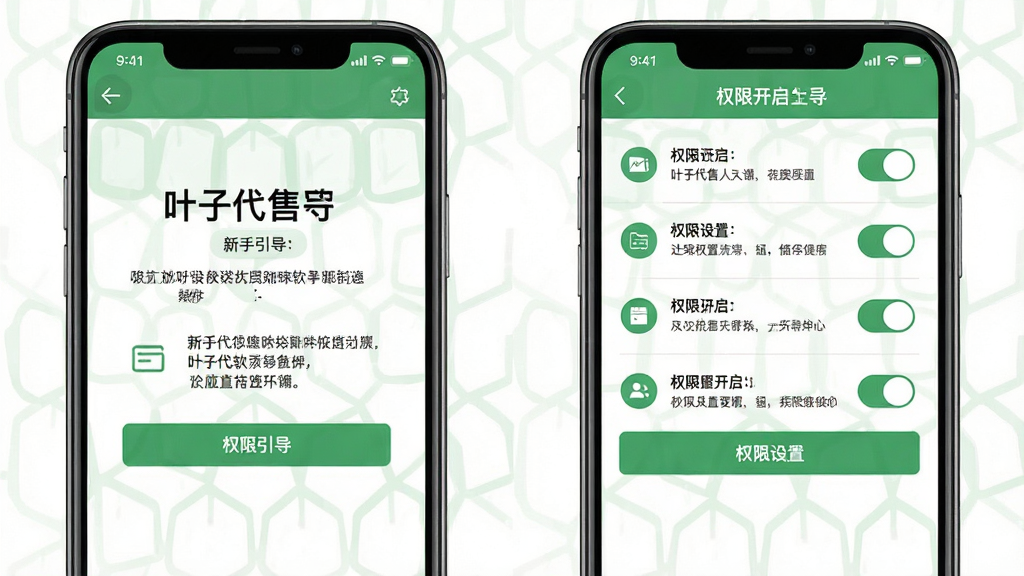 一张展示叶子代售软件在新手引导页面与权限设置界面并排的手机截图风格图,左侧手机显示欢迎引导页,右侧手机显示权限开启列表,界面元素包括开关按钮、说明文字与图标,整体采用扁平化设计风格,配色以绿色和白色为主,画面干净整洁,画质清晰,无多余装饰