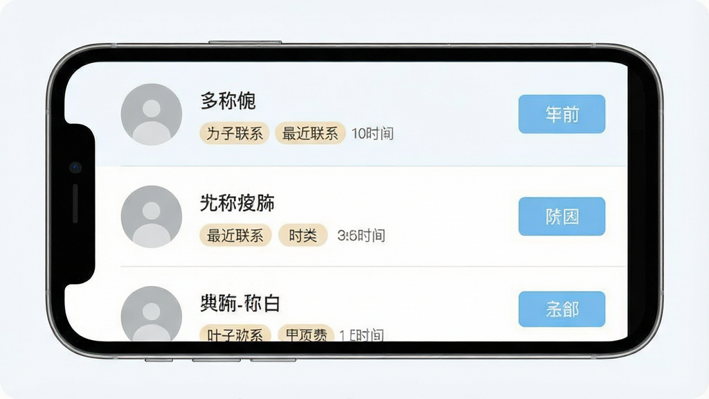 一张展示叶子代售客户管理功能界面的示意图,画面中手机屏幕显示客户列表页面,每个客户条目包含头像占位符、昵称、标签分类与最近联系时间,右侧有操作按钮,界面采用浅蓝色与白色搭配,列表项之间有细分割线,背景干净整洁,整体风格商务简约,画质清晰,无多余元素