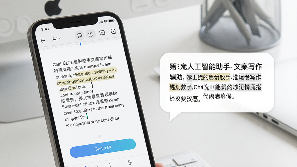 一张展示Chat人工智能助手文案写作辅助功能的场景图,画面主体是手机屏幕,屏幕上显示着文档编辑界面和AI生成的段落文字,布局为左侧手机右侧文字气泡,风格为简约办公风,细节包括光标、文字高亮、生成按钮,画质高清干净,无多余元素。