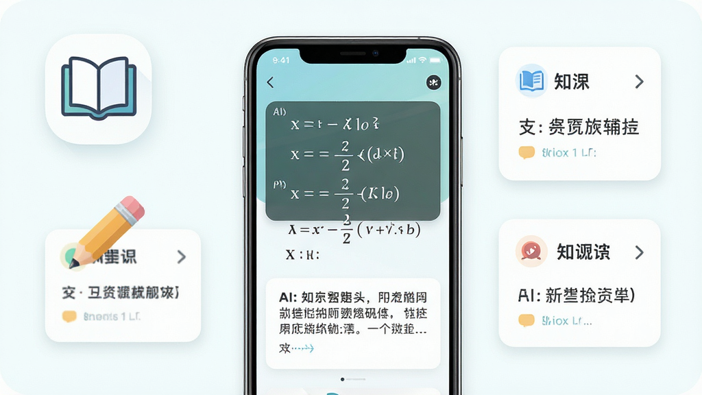 一张展示Chat人工智能助手学习辅导功能的场景图,主体是手机屏幕,屏幕上显示着数学公式和AI讲解文字,布局为居中排版,风格为清新学习风,细节包括书本图标、铅笔图标、知识点卡片,画质高清干净,无多余元素。