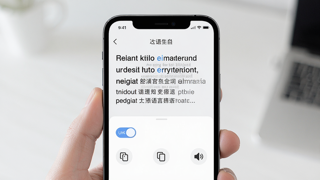 一张展示Chat人工智能助手多语言翻译功能的场景图,主体是手机屏幕,屏幕上显示着中英文对照的翻译界面,布局为上下分栏,风格为现代简约风,细节包括语言切换按钮、复制图标、发音图标,画质高清干净,无多余元素。