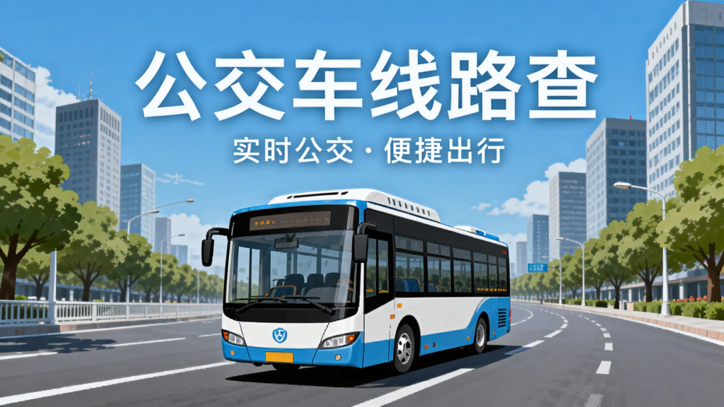 一辆蓝白相间的城市公交车行驶在宽阔的城市主干道上,道路两侧是绿树与高楼,天空晴朗,画面中央上方用大号白色字体写着