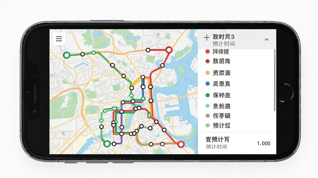 手机屏幕显示公交车线路查的查询结果页面,画面中有一张城市地图,地图上标注了多条彩色公交线路,起点用绿色圆点标记,终点用红色圆点标记,旁边有站点列表和预计时间,整体风格简洁现代,扁平化设计,画质清晰,干净无多余元素