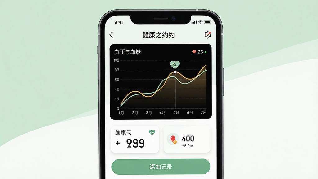 健康之约应用内健康数据记录页面,画面主体为手机屏幕特写,屏幕中显示血压与血糖折线趋势图,图表下方有数字指标卡片和添加记录按钮;背景为柔和的浅绿色与白色,扁平化设计风格,界面干净整洁,画质清晰,无多余装饰元素