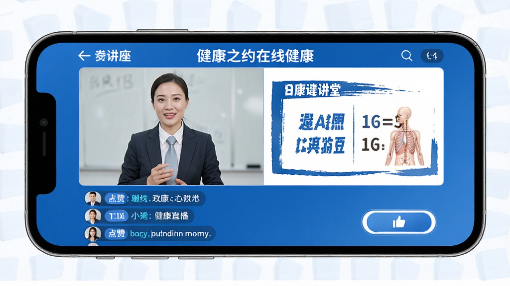 健康之约在线健康讲堂直播界面,画面展示手机横屏播放健康讲座视频,屏幕中有讲师半身像和PPT课件区域,下方有观众评论互动区与点赞按钮;整体风格专业简洁,蓝白色调为主,排版清晰,画质干净,无多余元素