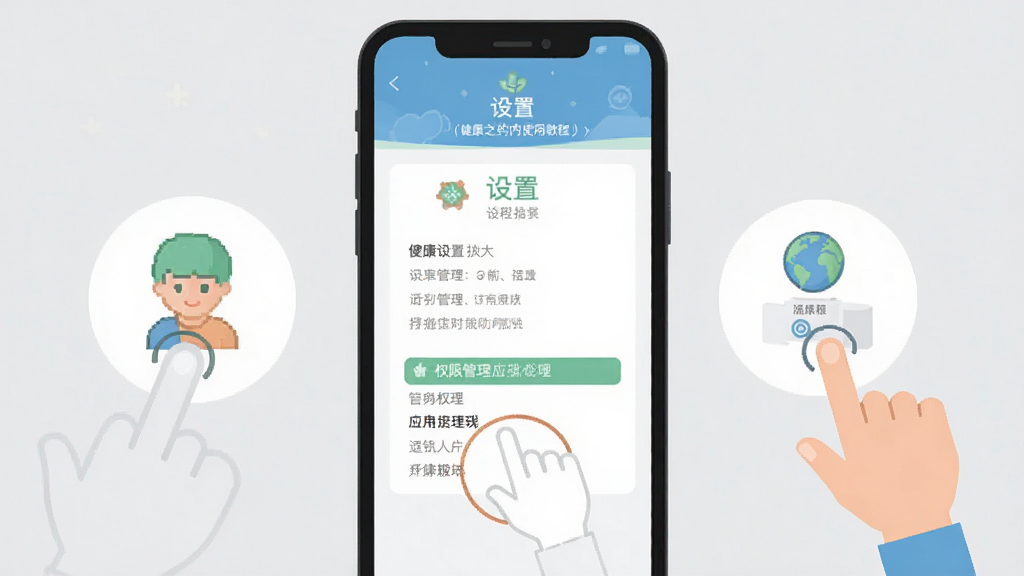 健康之约应用内使用教程示意图,画面为手机屏幕展示设置菜单与权限管理界面,屏幕旁有手指点击操作的示意图标,背景为浅灰色,扁平化插画风格,排版整洁,画质干净,无多余元素
