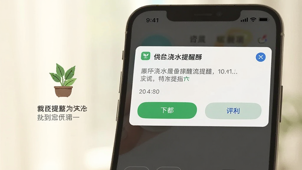 一张看着养软件推送提醒的界面截图,画面中手机屏幕显示一条浇水提醒通知,旁边配有绿植图标和文字说明,背景为柔和的自然光,风格清新,细节包括通知卡片、时间戳与操作按钮,画质清晰
