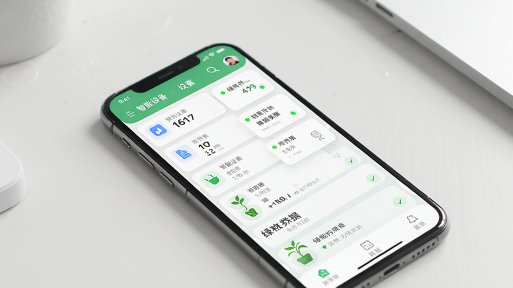 一张展示看着养软件主界面的手机样机图,画面中央是一部智能手机,屏幕上显示着智能设备列表与绿植养护数据面板,背景为简洁的浅色桌面,风格清新现代,细节包括图标、数据卡片与状态指示灯,画质清晰,干净无多余元素